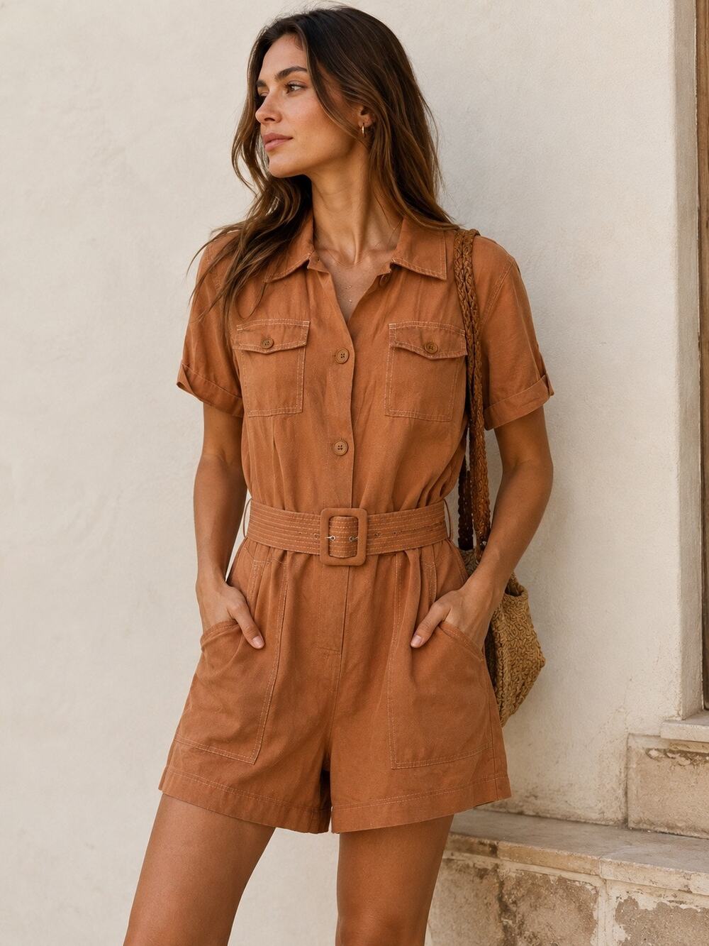Maje Paris Romper Shorts Terracotta Belted Linen Rust Red Jumper 36 4